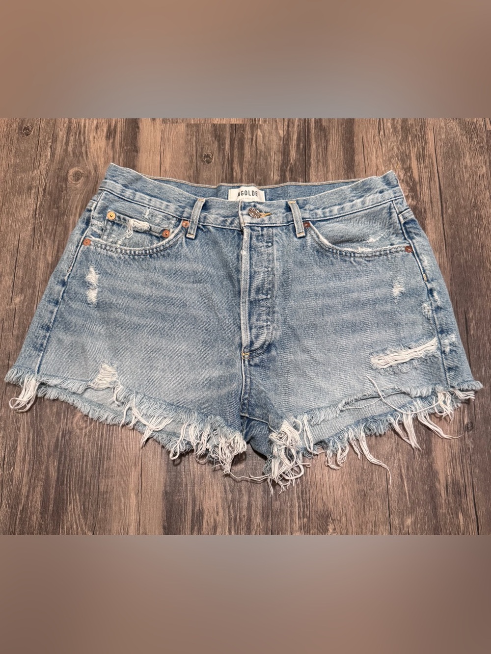 AGOLDE Parker Long Women's Denim Cutoff Shorts 28 Light Wash Distressed